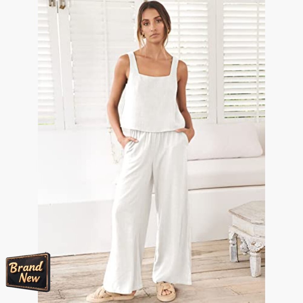 Linen Lounge Set with Wide Leg Pants and Crop Top, Size Medium - Picture 2 of 7